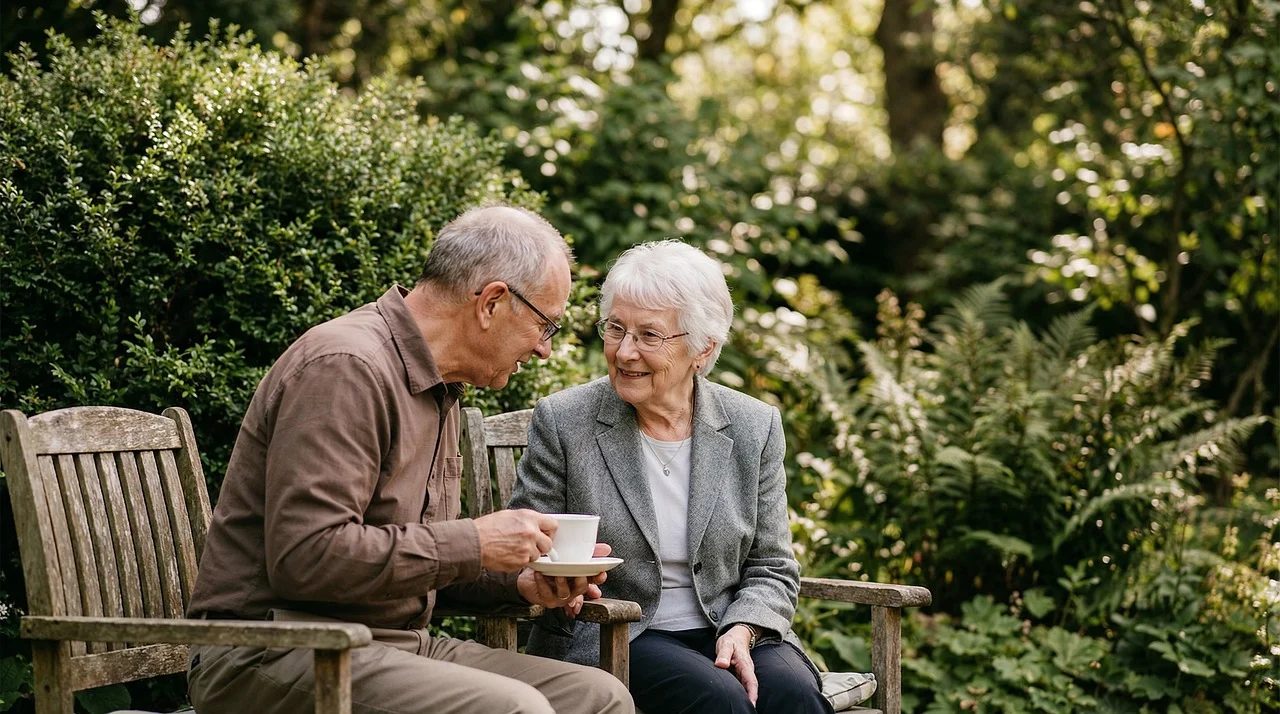 Sharing tea and conversation on a garden bench